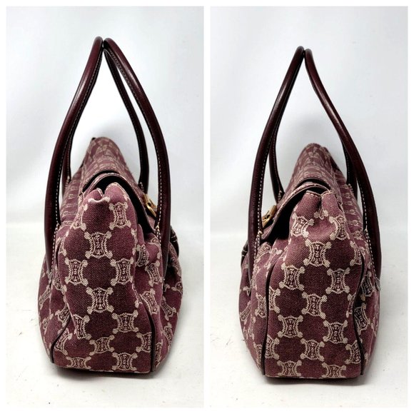 VTG Celine Triomphe Burgundy Canvas Leather Large Shoulder Tote Hand Bag Auth - Picture 4 of 12